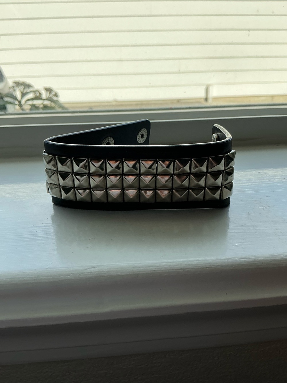 Black Studded Leather Cuff Bracelet - Silver Pyramid Studs